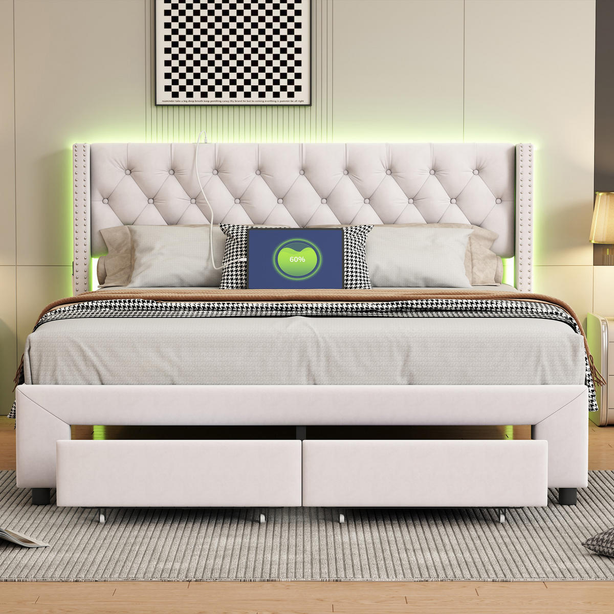 POLSTERBETT 160x200 cm, Beige, LED-Beleuchtung und USB, Samt - Beige, Textil/Metall (160/200cm)