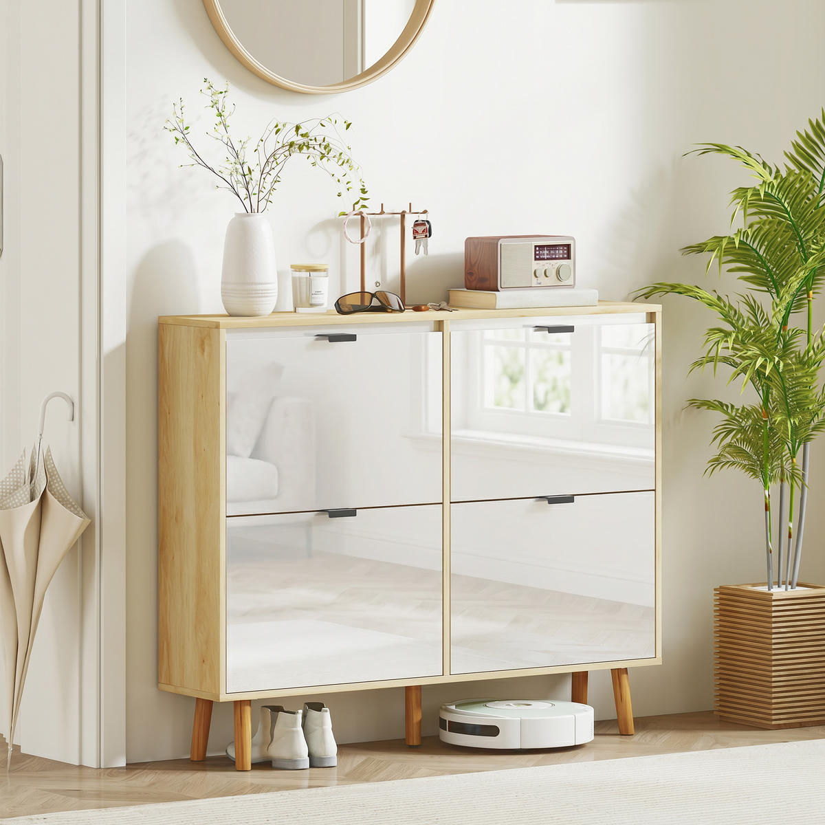 SCHUHSCHRANK DE-15047 4 Klapptüren, weiß Hochglanz, für bis zu 20 Paar Schuhe - Weiß, Holzwerkstoff (105/92.5/24cm) - ComfortXL