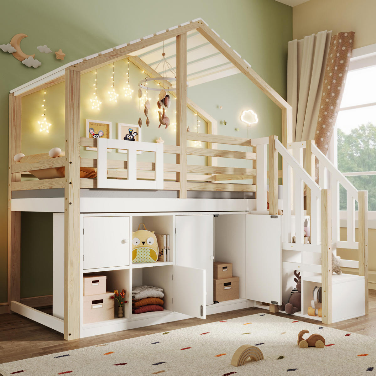 HOCHBETT aus Kiefer 90x200 cm Weiß/Natur mit Stauraumleiter, Schließfächern, Fenster und Hausform - Weiß, Holz (90/200cm) - Modfu