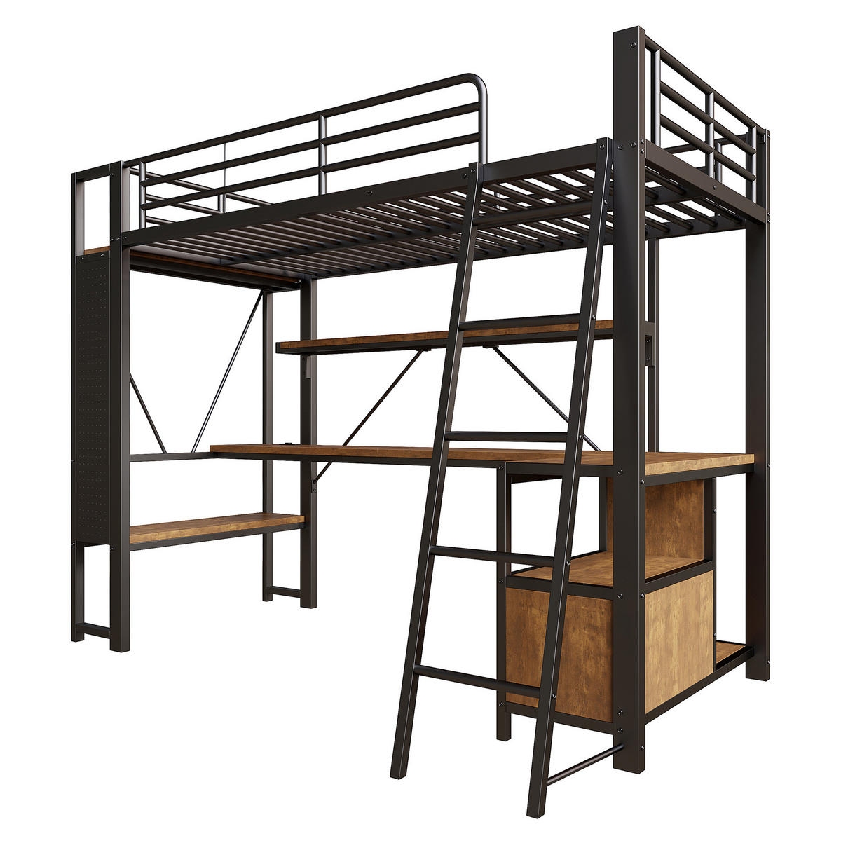HOCHBETT aus Metall und MDF 90x200 cm Schwarz mit LED, Schreibtisch, Regalen, Lochwand und USB-Anschluss - Schwarz, Metall (90/200cm) - Modfu