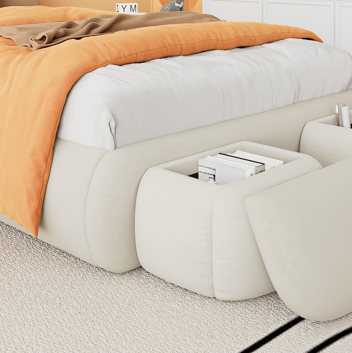 POLSTERBETT mit Stauraum 140x200 cm Samt Beige inkl. 2 Hocker - Beige, Metall (140/200cm) - Meubliv