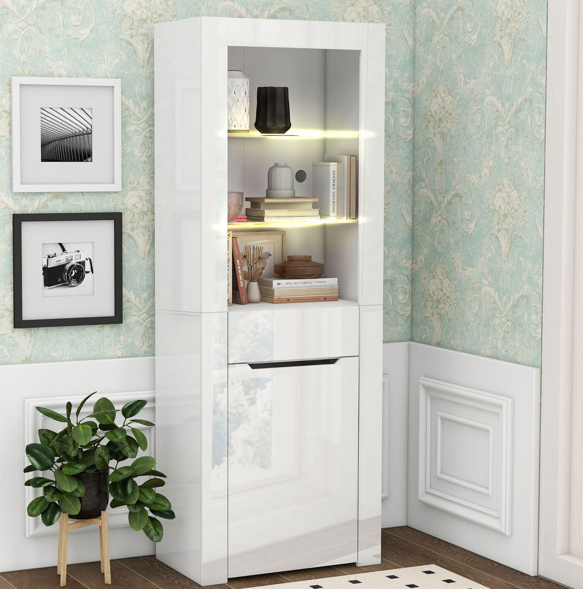 VITRINE 60/35,5/165 cm aus Spanplatte mit LED-Beleuchtung und App-Steuerung Weiß Hochglanz - Weiß, Holzwerkstoff (60/165/35.5cm) - Modenvie