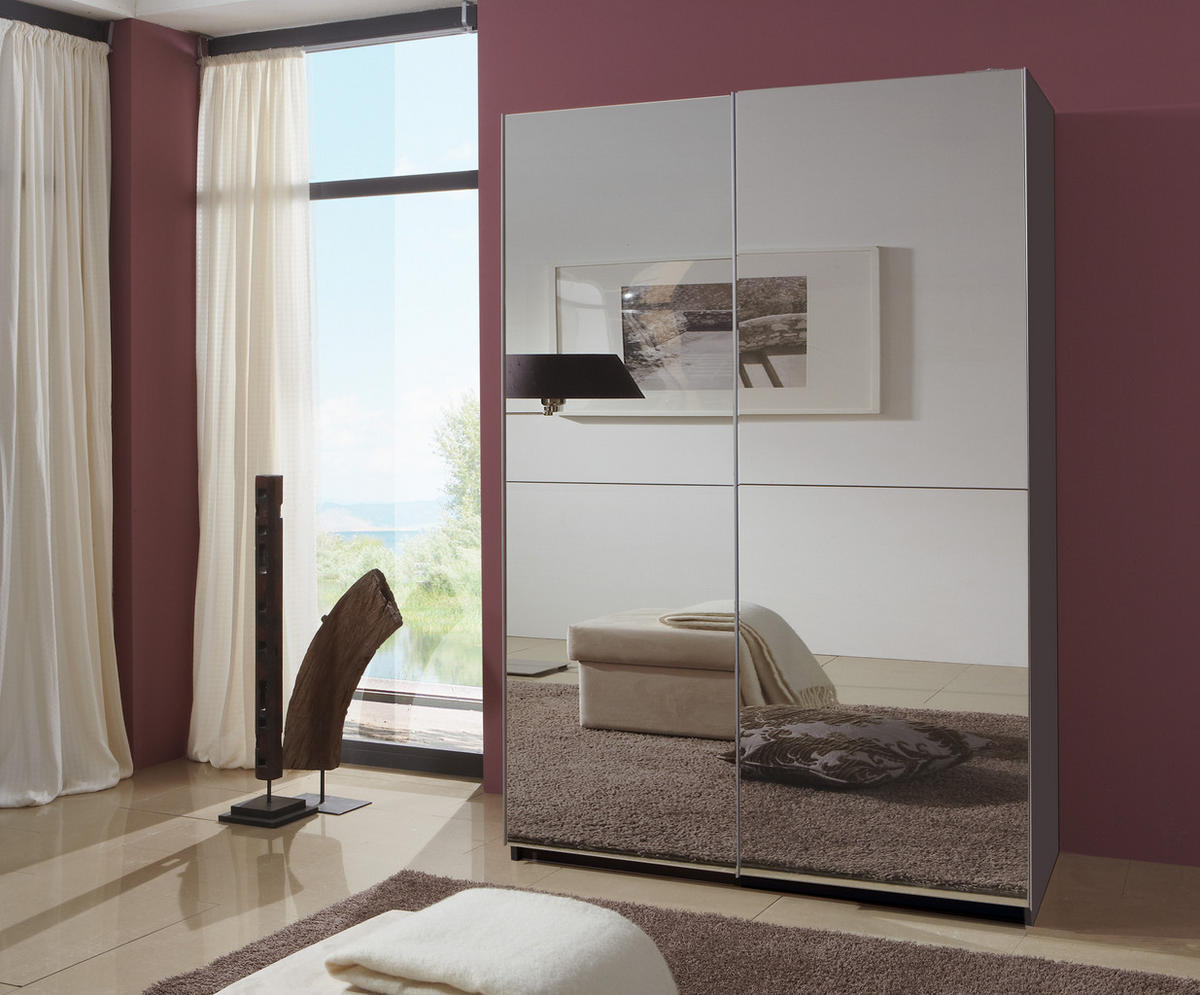 SCHWEBETÜRENSCHRANK Queen in Grafit 179 x 198 x 65 cm (BxHxT) – Kleiderschrank mit zwei Spiegeltüren - Silberfarben/Grau, Holzwerkstoff (179/198/65cm)