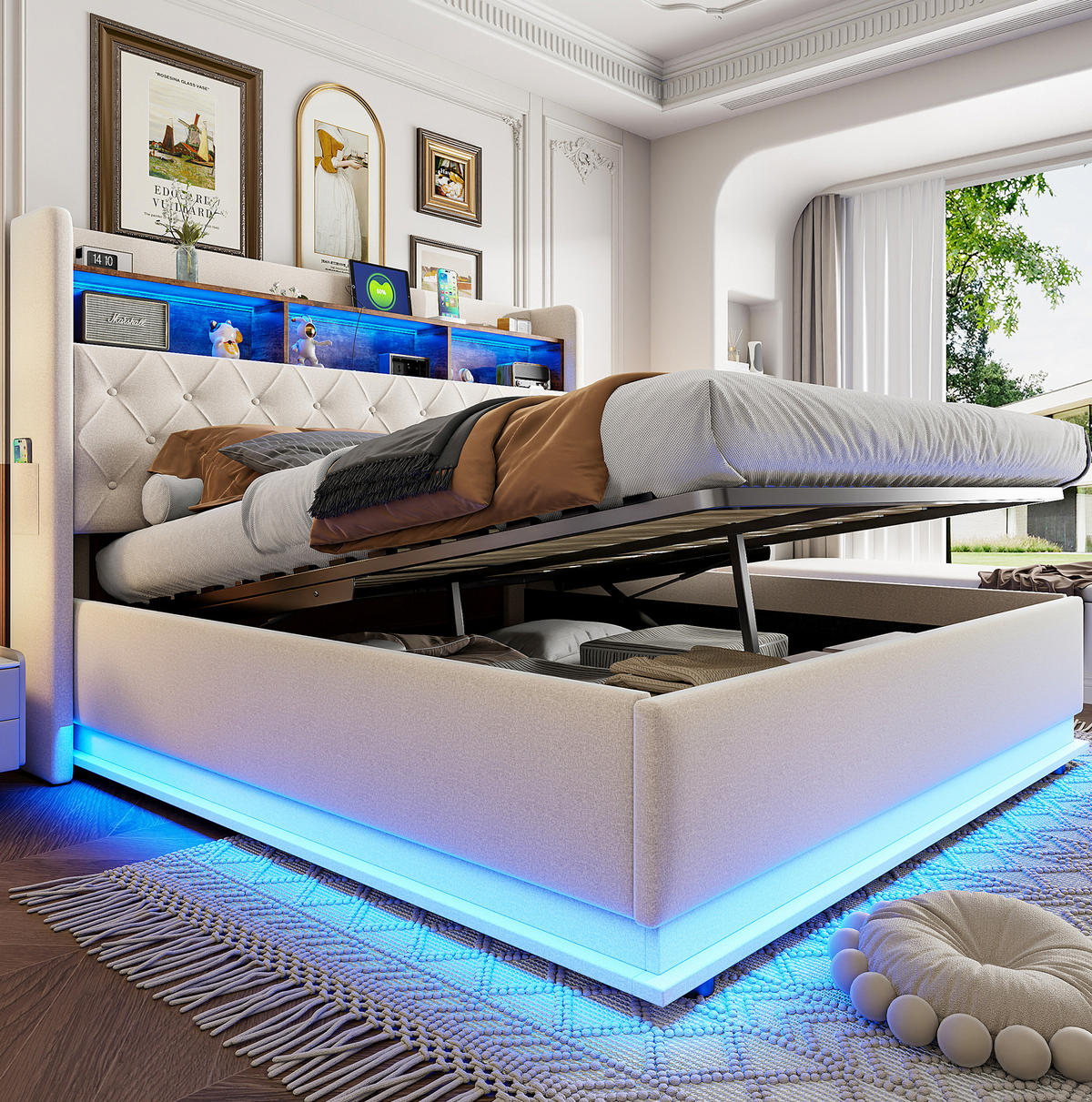 ČALÚNENÁ posteľ z látky 180x200 cm béžová s LED osvetlením, USB portom a hydraulickým úložným priestorom - béžová, textil (180/200cm) - Modfu