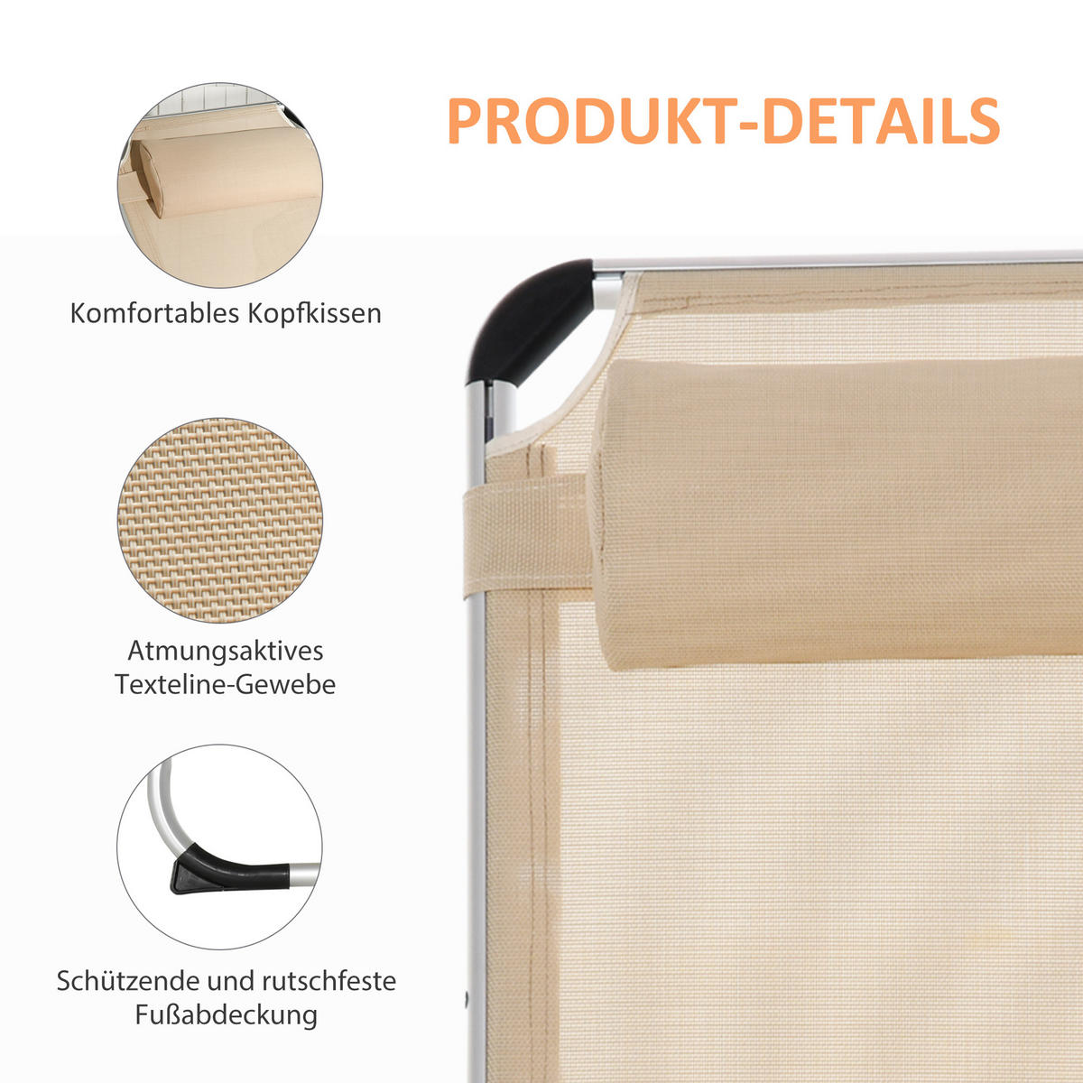GARTENLIEGE mit 4-stufig verstellbaren Rückenlehne, Beige - Beige, Textil/Metall (60/19.5/80cm) - Outsunny