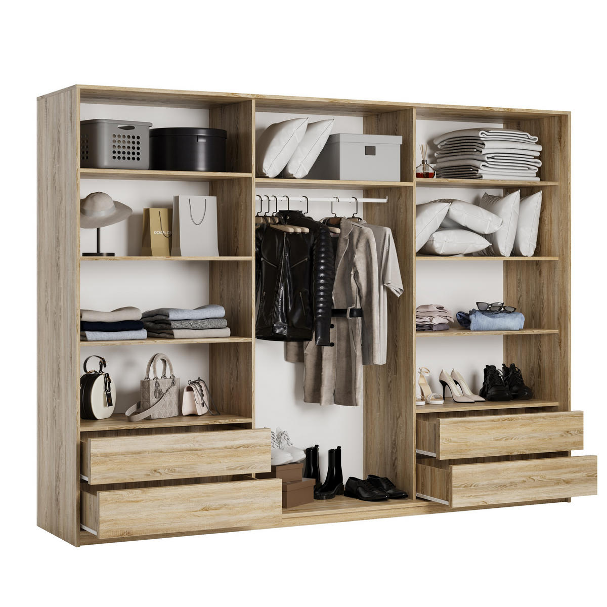 SCHWEBETÜRENSCHRANK VARO 250/205/60 cm 3-türig mit Spiegel und Schubladen Sonoma Eiche - Sonoma Eiche/Nickelfarben, Holzwerkstoff (250/205/60cm) - MASSENO