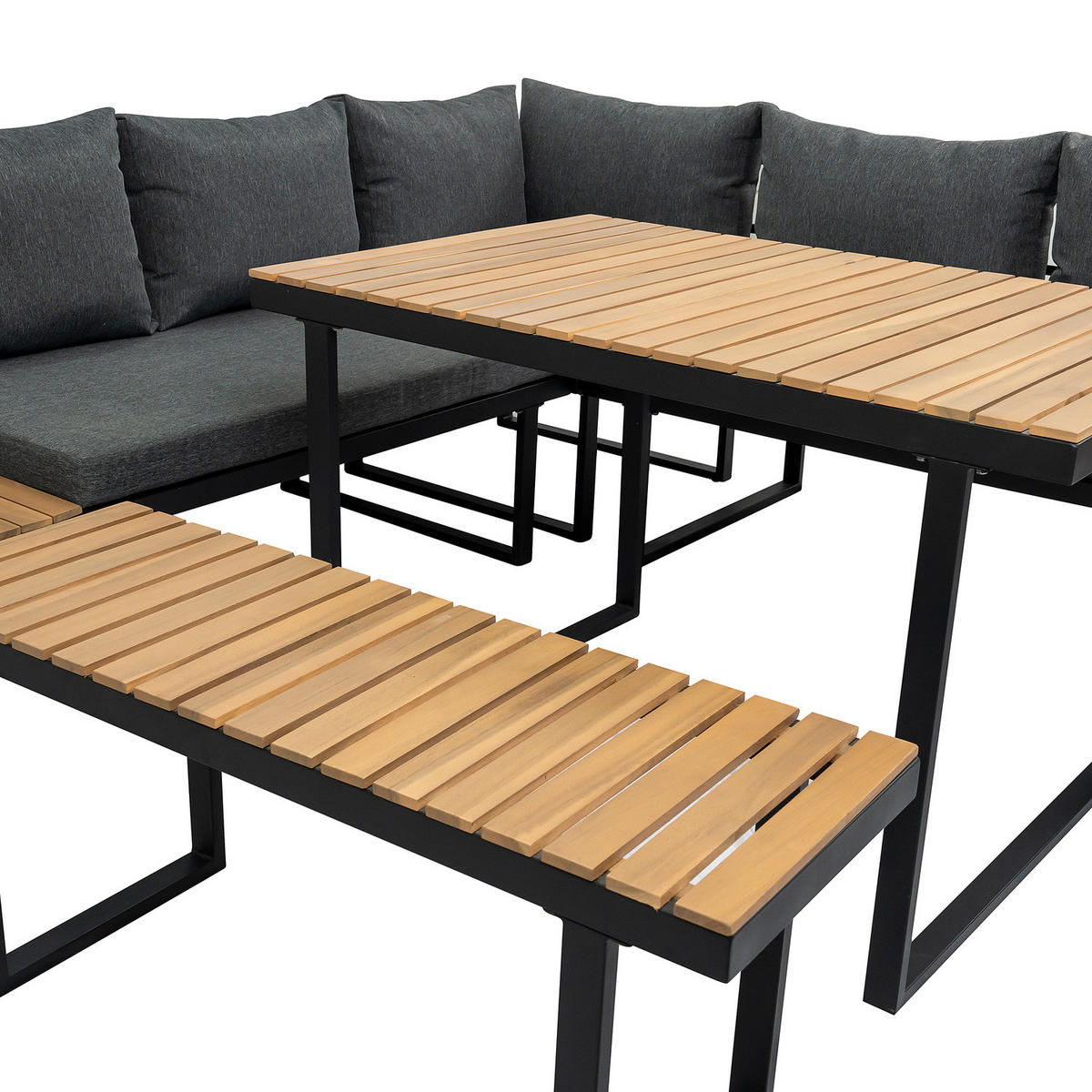 LOUNGESET - 3-teilig - Eisen / Webstoff - Dunkelgrau - Schwarz/Grau, Holz/Metall - home24