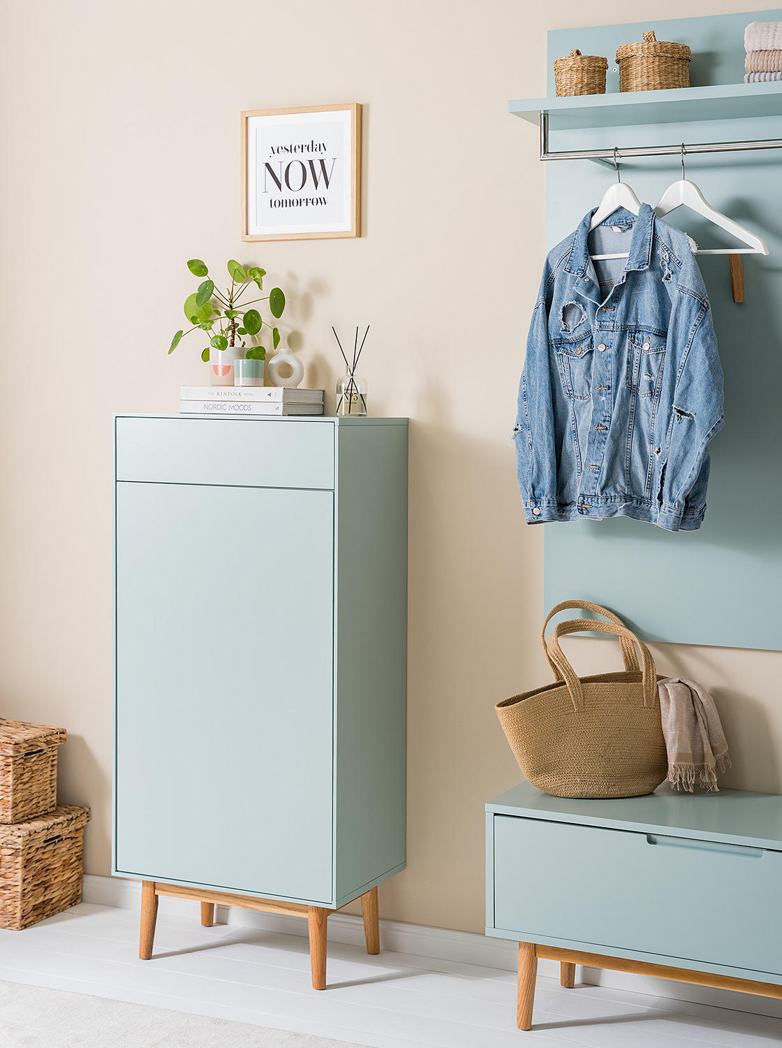 SCHUHKOMMODE mit 1 Schublade und 1 Tür - Eichefarben/Mintgrün, Holzwerkstoff (60/132/38cm) - home24