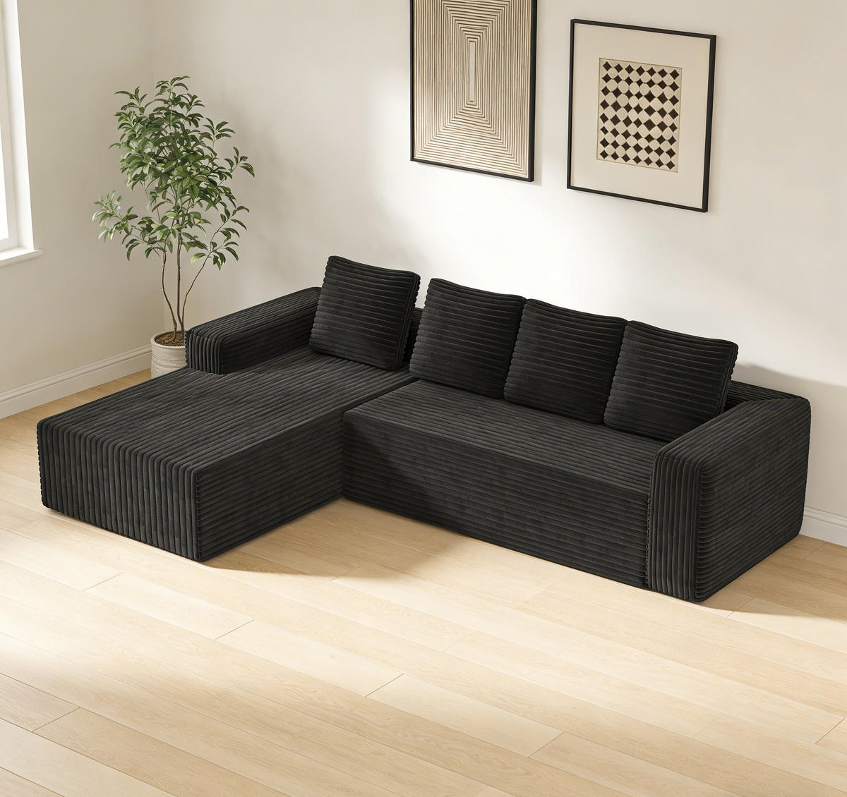ECKSCHLAFSOFA aus Cord 261x168x58 cm mit Chaiselongue und ohne Montage, schwarz - Schwarz, Textil (261/168cm) - Luhomfu