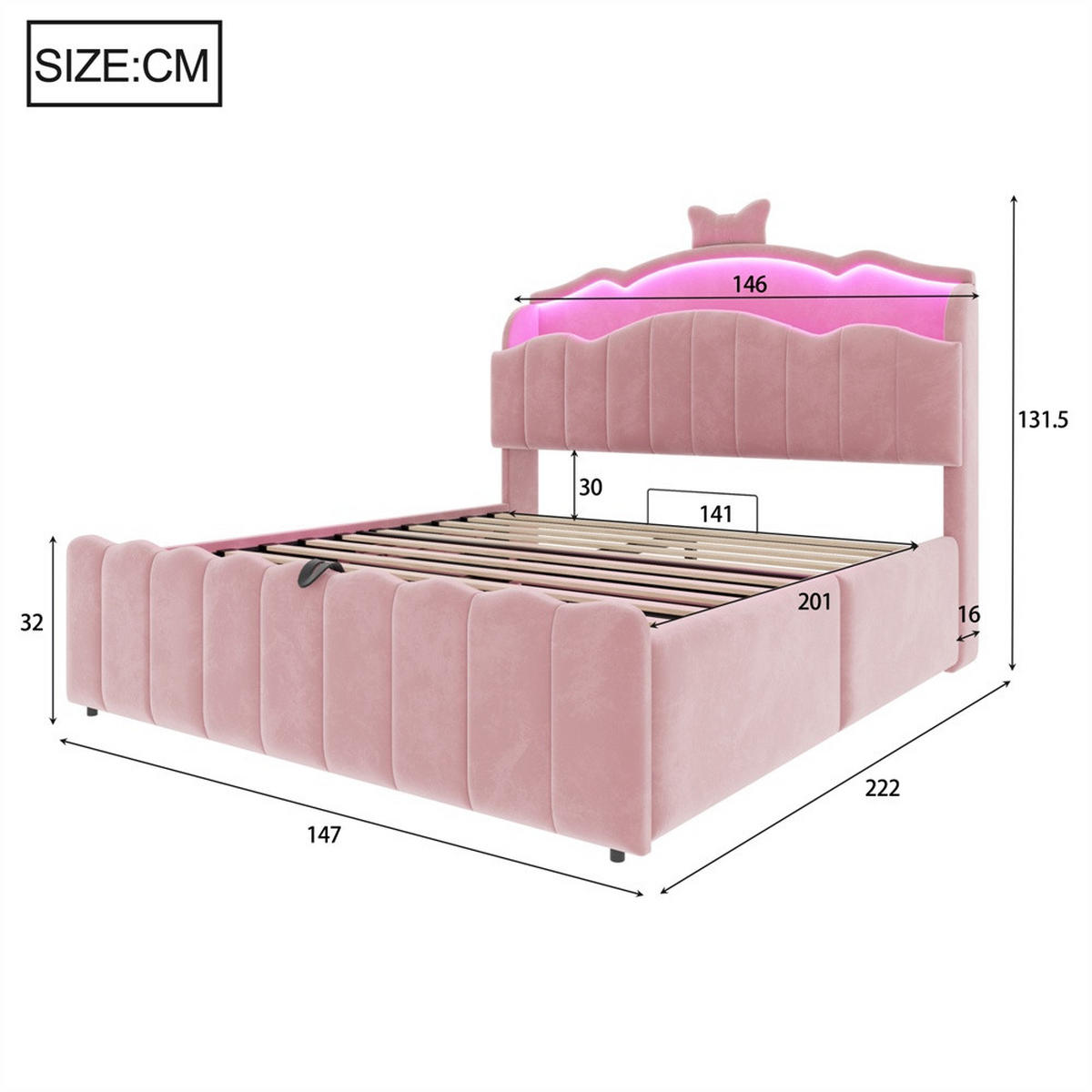 POLSTERBETT 140x200 cm mit hydraulischem Stauraum und LED Beleuchtung - 3USB - Anschlüsseund Typ-C - Rosa - Pink, Textil (140/200cm) - DELFA