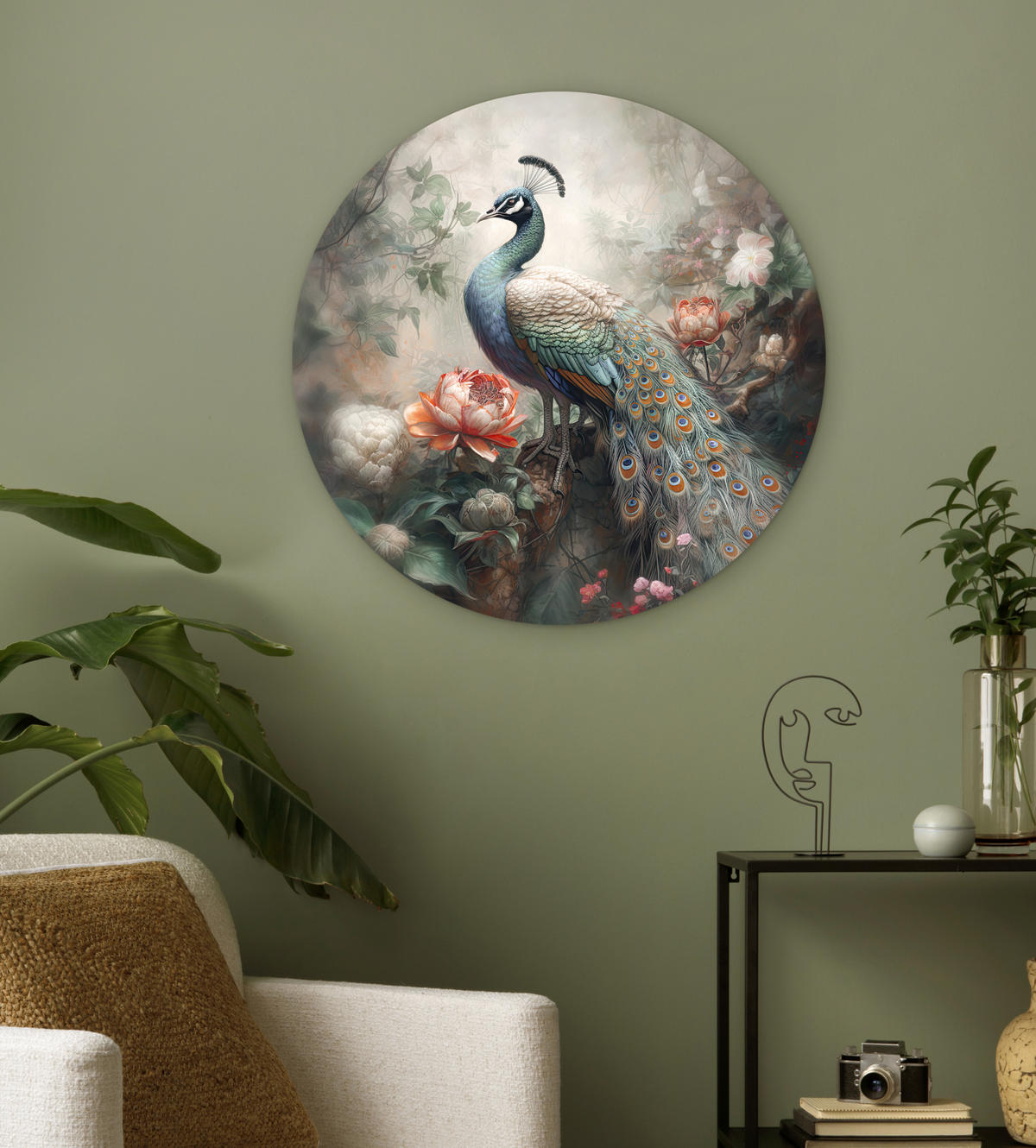 WANDBILD Pfau - Pfauenfedern - Vogel - Dschungel - Blumen Wanddeko Schlafzimmer 60x60 cm - Smaragdgrün, Kunststoff (60/60cm) - MuchoWow