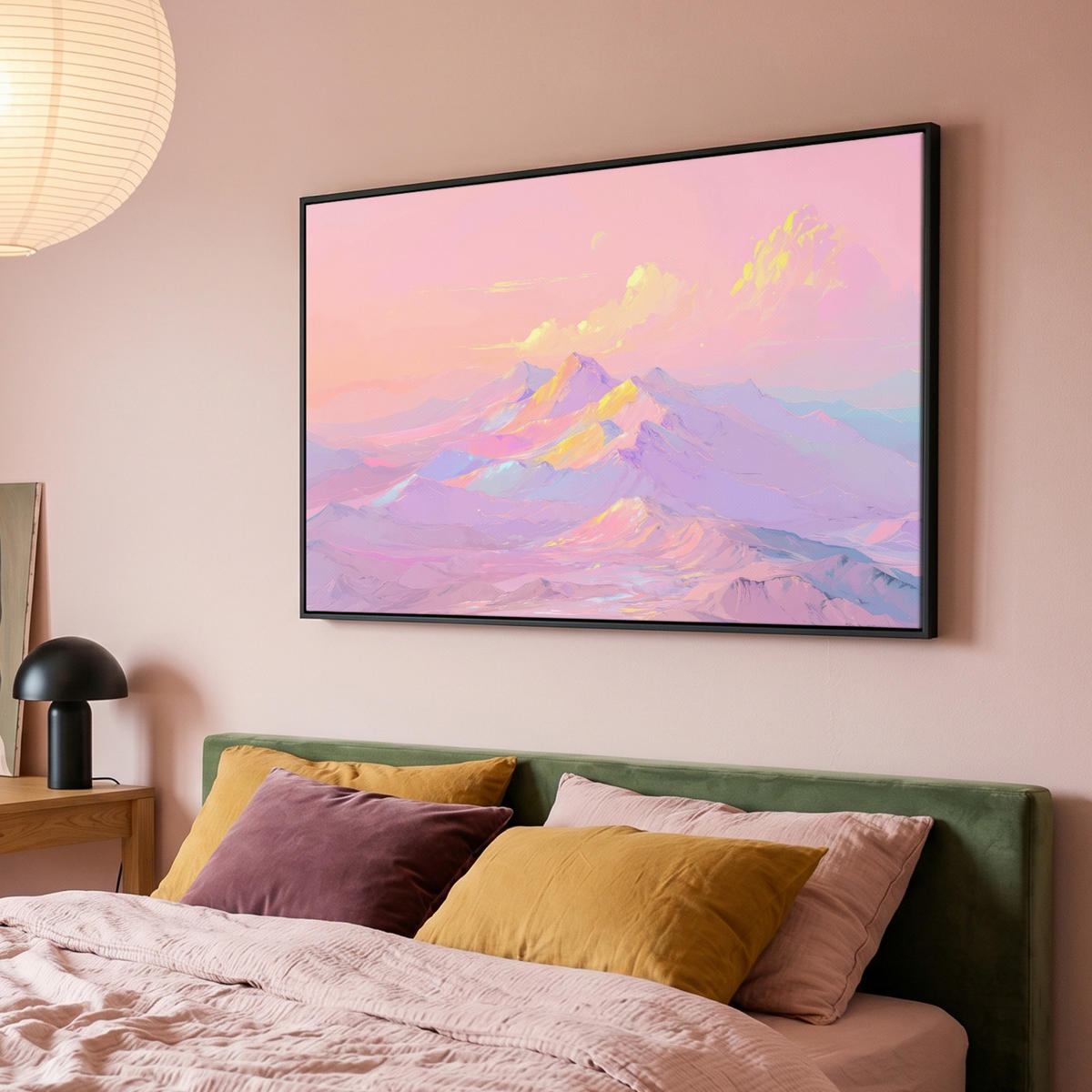 LEINWAND Bilder mit Rahmen - Berggipfel - Wolken - Verträumt - 150x100 - Hellrosa, Textil (150/100cm) - MuchoWow