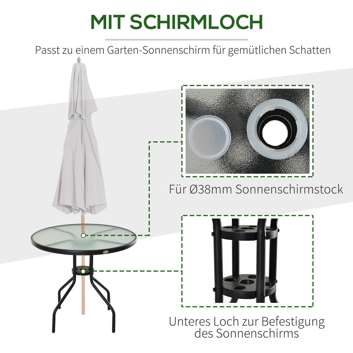 GARTENTISCH aus Metall 80x80x72 cm Schwarz mit Schirmloch und Glasplatte - Schwarz, Metall (80/80/72cm) - Modfu