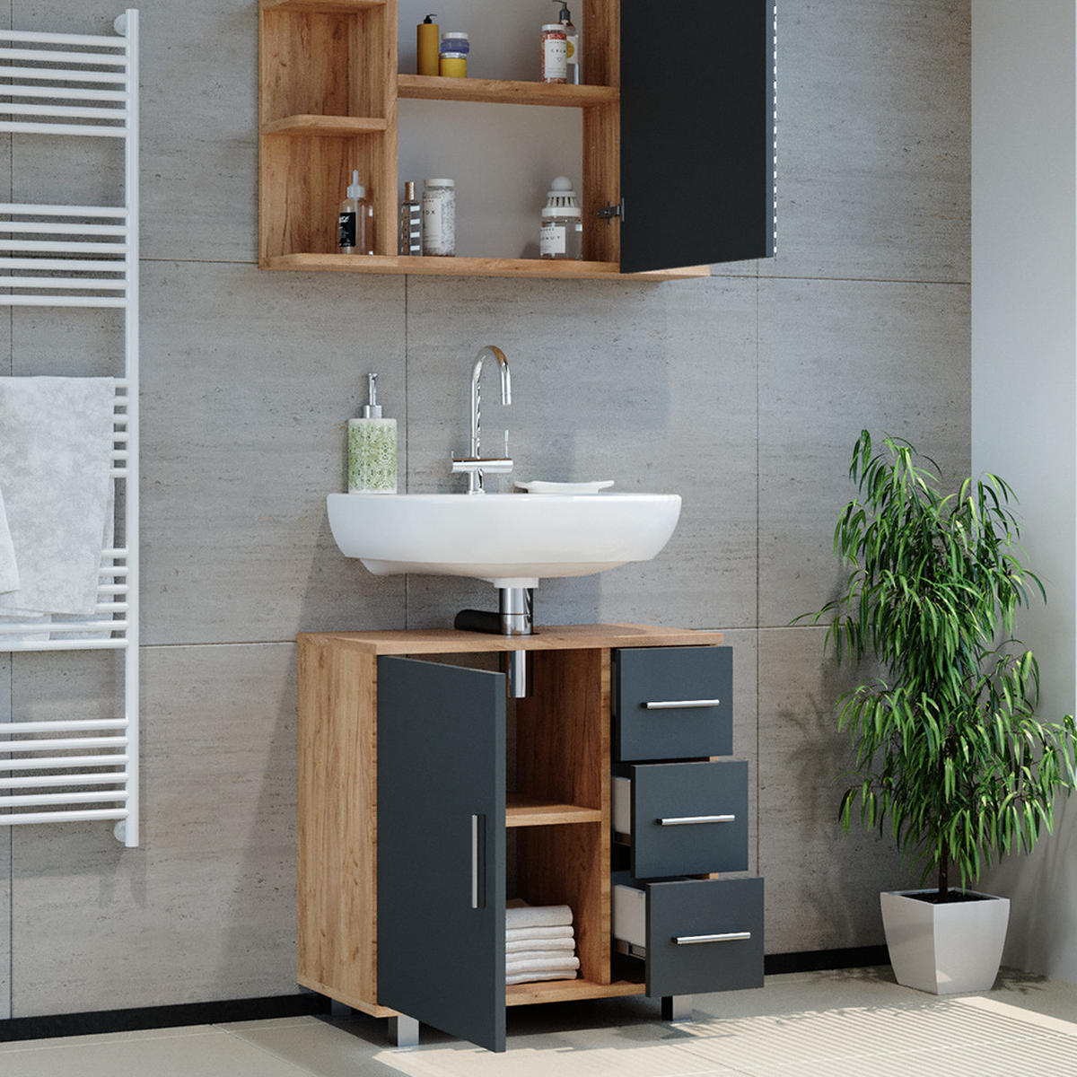 BADMÖBEL-SET Ilias Eiche 2 Teile - Eichefarben/Anthrazit, Holzwerkstoff (60/60.8/33cm) - Vicco