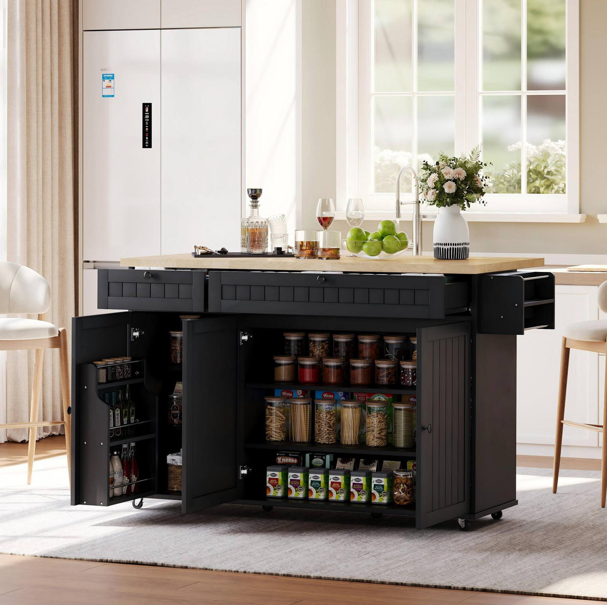 KÜCHENINSEL aus MDF 137x45x89,5 cm Natur/Schwarz mit klappbarer Arbeitsplatte, Schubladen, Schrank und Rollen - Naturfarben, Holzwerkstoff (137/89.5/70cm) - Modfu