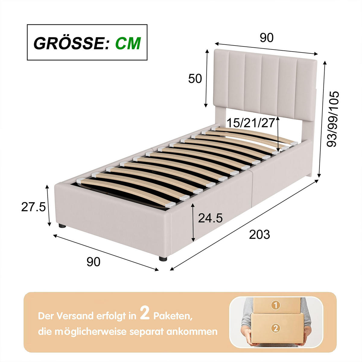 POLSTERBETT 90×200 cm mit bettkasten, hydraulisches stauraumbett, kinderbett mit hohes leinen-kastenbett, beige - Beige, Holz/Metall (90/200cm) - GENKI LIVING