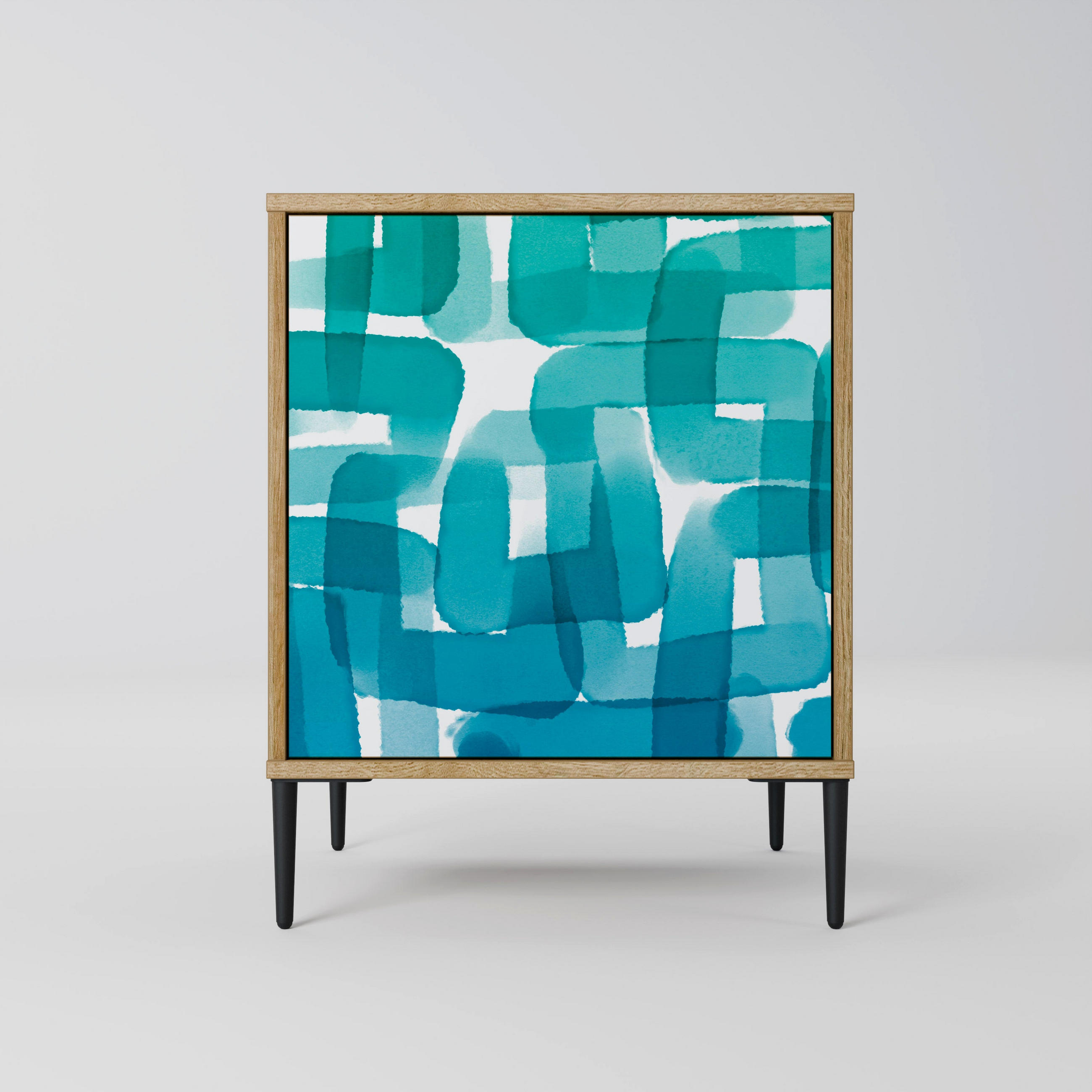 SIDEBOARD TURQUOISE RECTANGLES, Eichefarben, 57,5x42x72,5 cm, Schwarze Metallfüße - Eichefarben/Multicolor, Holzwerkstoff/Metall (57.5/72.5/42cm) - SpaceRebels