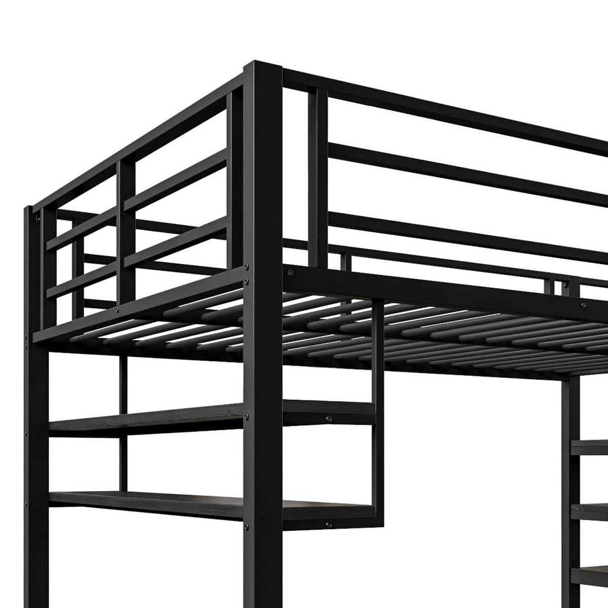 HOCHBETT aus Metall 140x200 cm in Schwarz mit Stauraumleiter & Regalen - Schwarz, Metall (140/200cm) - Modfu