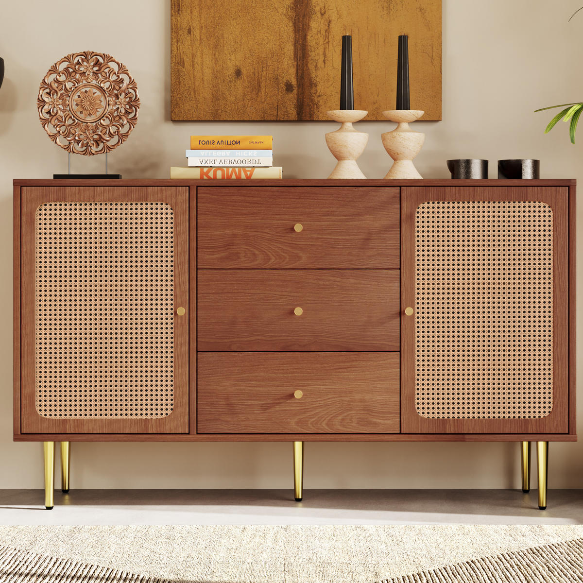SIDEBOARD Holzoptik, mit 2 Türen, 3 Schubladen und Geflechtfronten, 150/40/90 cm - Nussbaumfarben, Holzwerkstoff (150/90/40cm) - WISHDOR