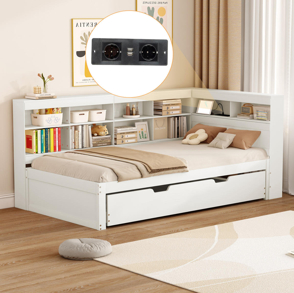 BETTT ausziehbar 90/200 cm mit USB-Buchse und Stauraum Weiß - Weiß, Holz (90/200cm) - OKWISH