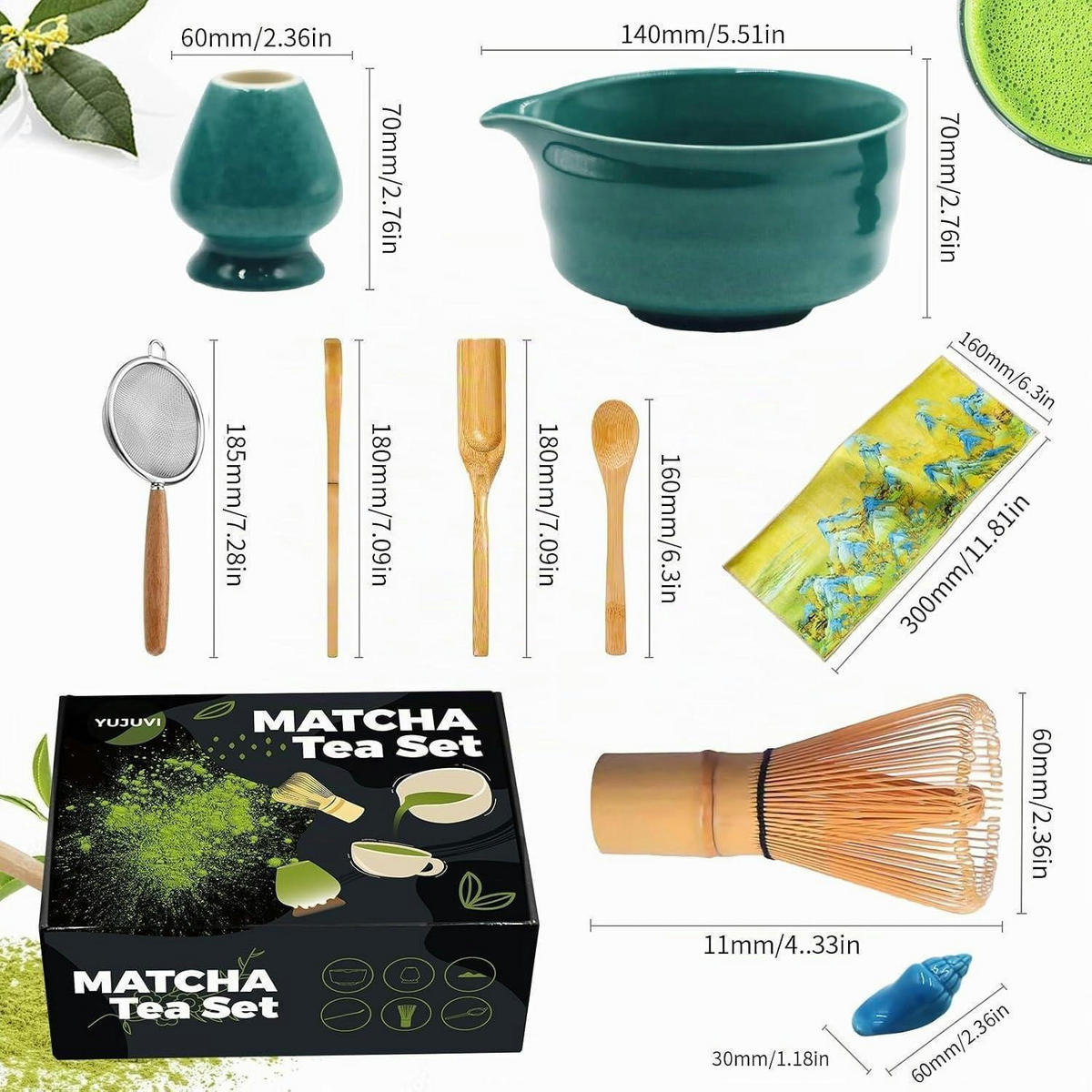 MATCHA Tee Set 9-teiliges Set mit Schale und Besen - Türkis, Keramik (14/7/14cm)