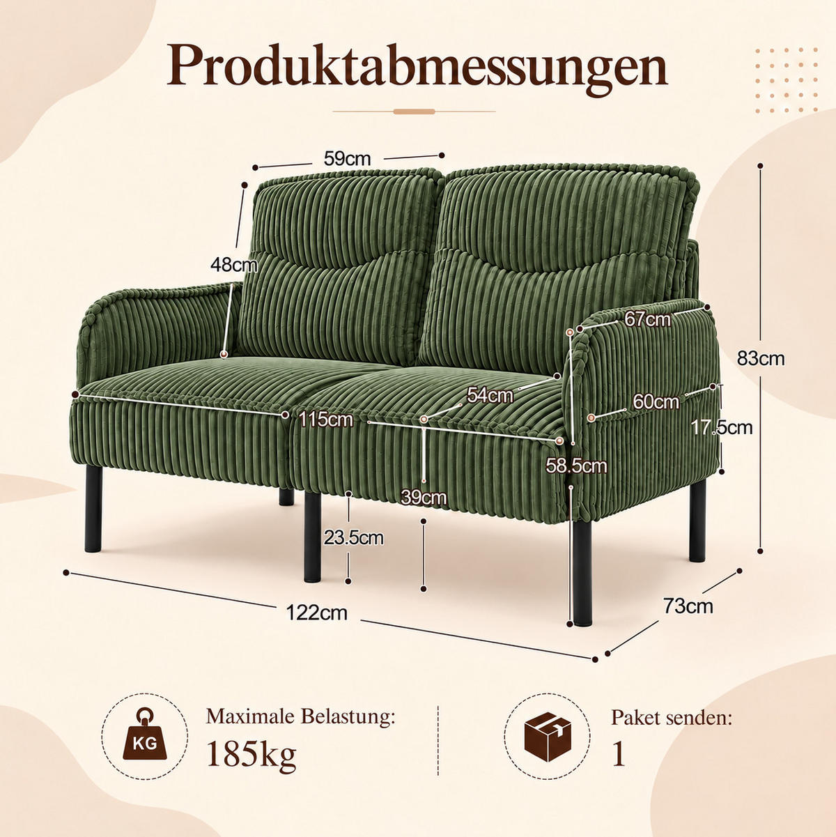 2-SITZER Sofa 122/73/83 cm Cordstoff mit Seitentaschen und Metallbeinen Grün - Grün, Textil (73/83/122cm) - Redom