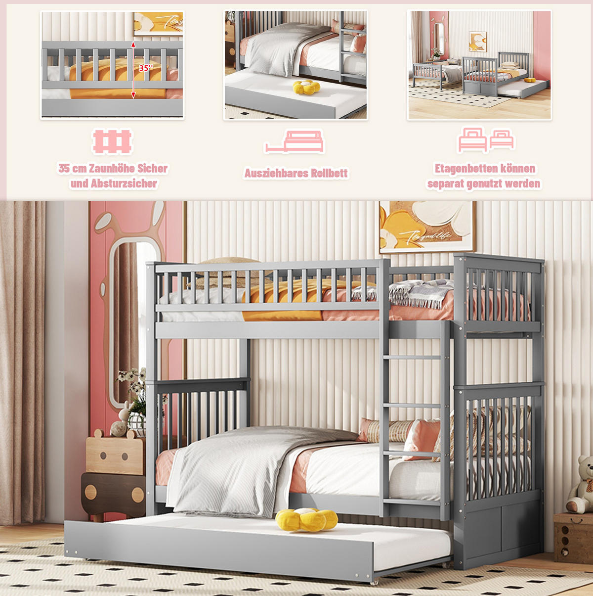 ETAGENBETT 90/200 cm aus Kiefernholz mit Ausziehbett, Grau - Grau, Holz (90/200cm) - OKMYHOME