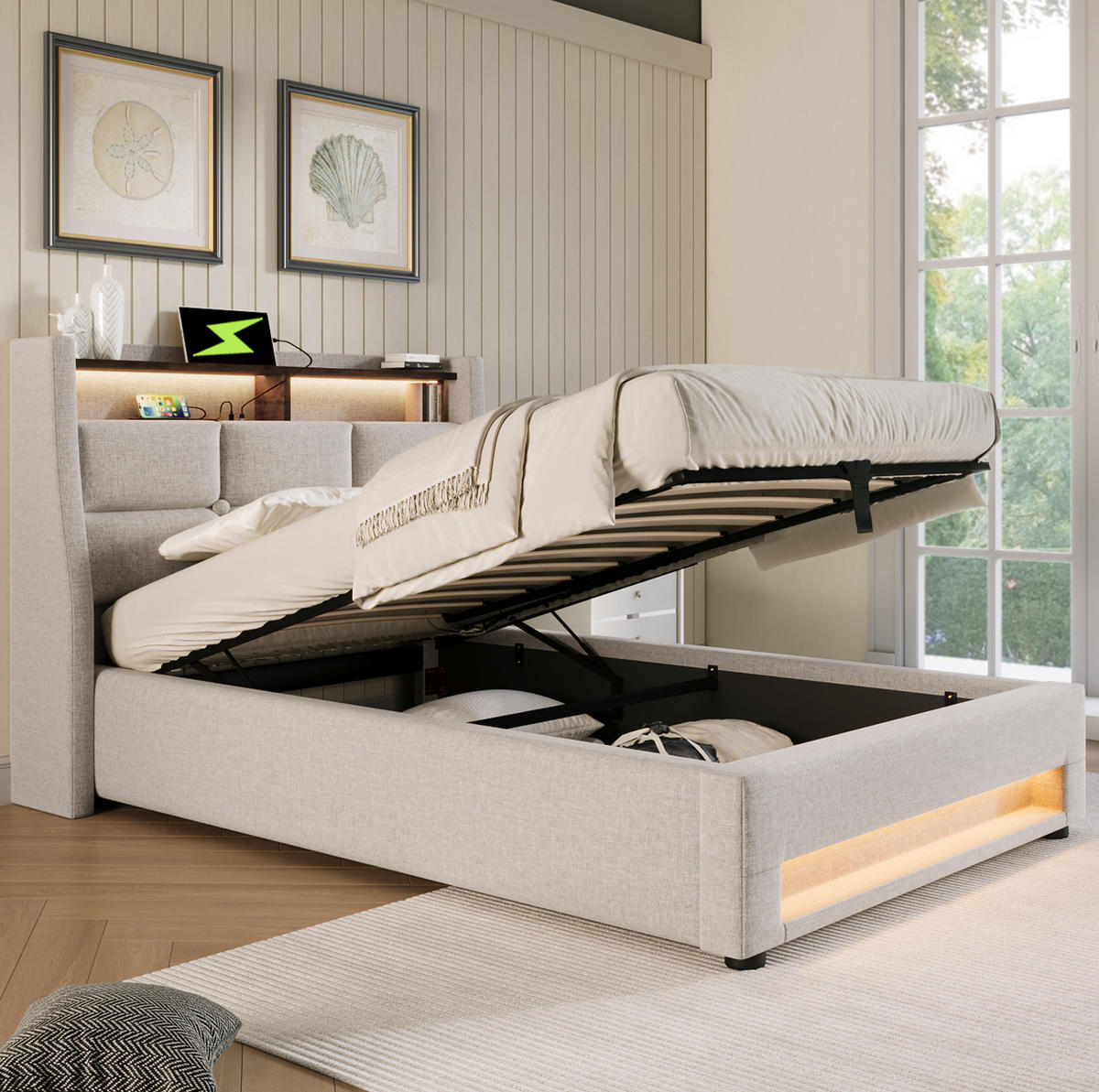 POLSTERBETT mit LED-Beleuchtung 90/200 cm mit Bettkasten, USB und gepolstertem Kopfteil - Beige, Textil (90/200cm) - BEAOK