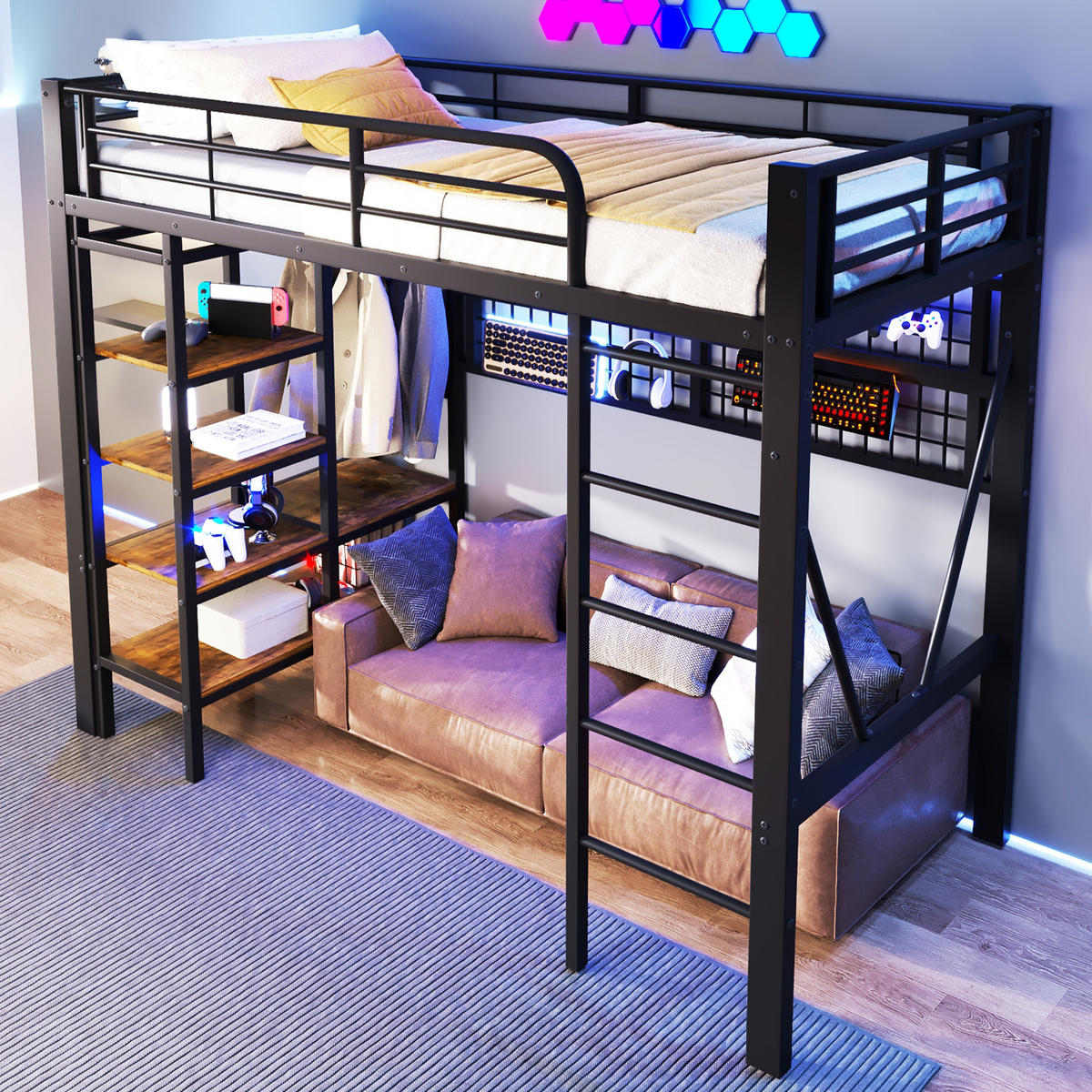 HOCHBETT 90/200 cm schwarz aus Metall mit App-steuerbarer LED-Leiste und Kleiderstange - Schwarz, Metall (90/200cm) - OKWISH