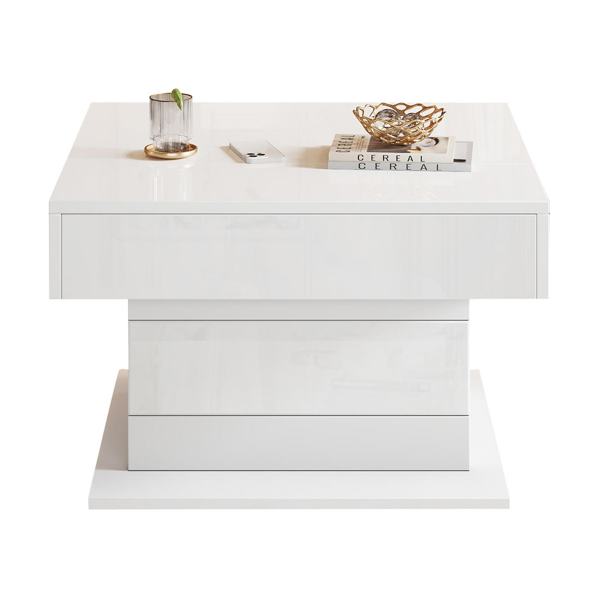 COUCHTISCH 70/70/45 cm Weiß hochglänzend mit 360° drehbarer Tischplatte und 1 Schublade - Weiß, Holzwerkstoff (70/70/45cm) - OKWISH