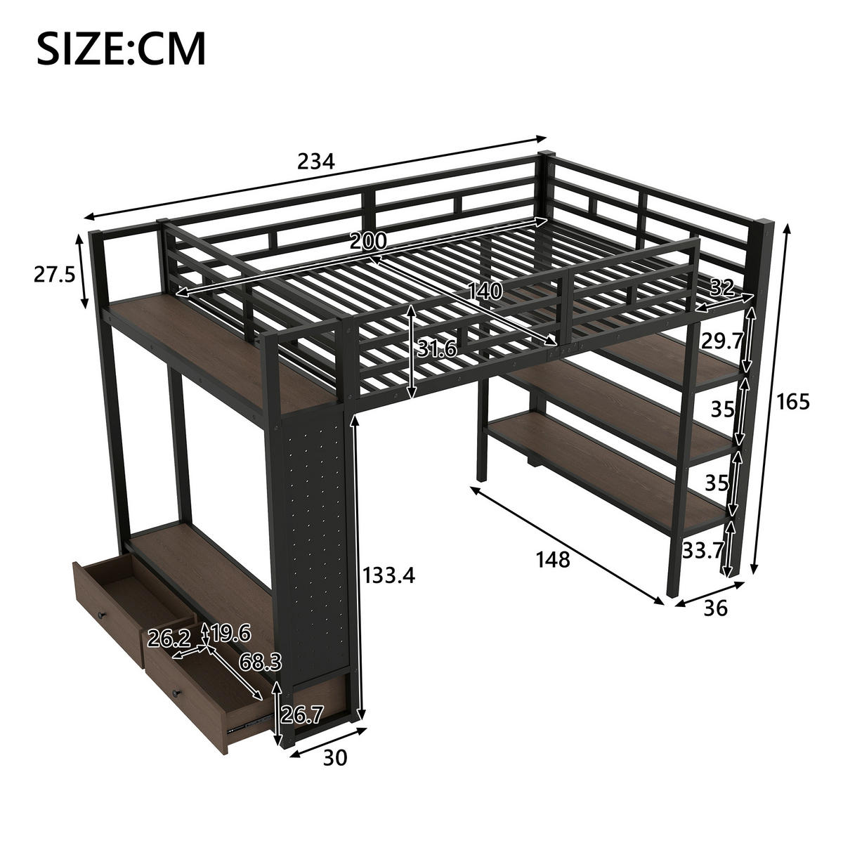 HOCHBETT 140/200 cm in Schwarz mit Kleiderschrank, Schubladen, Lochwand und LED - Schwarz, Holzwerkstoff/Metall (140/200cm) - STILVORA