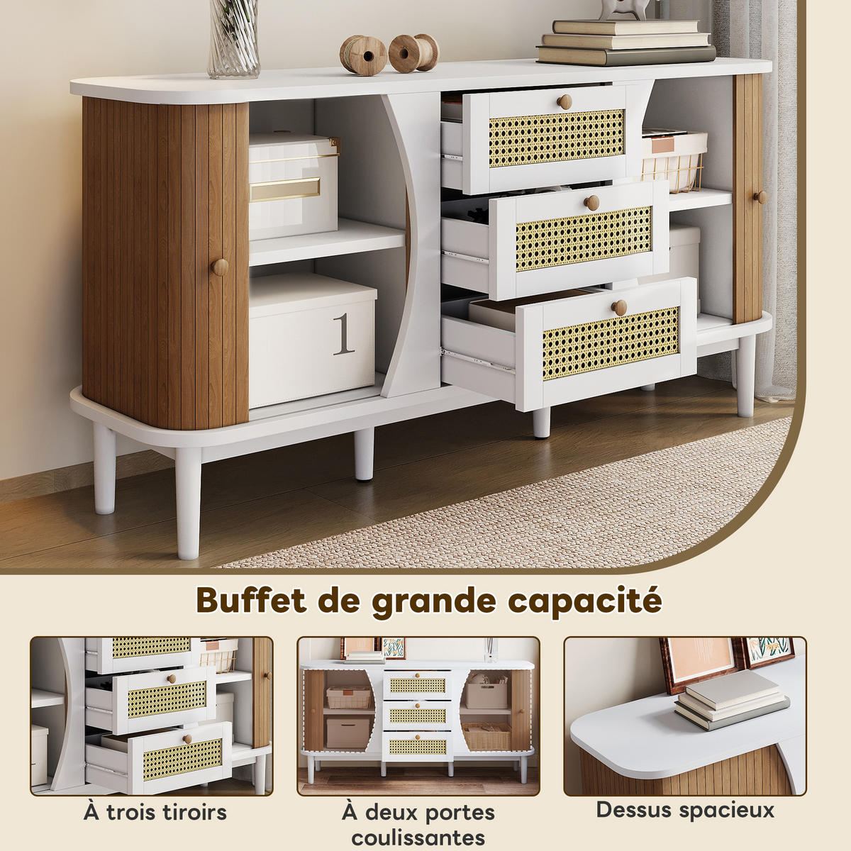 SIDEBOARD Rattan Schiebetüren gewölbt - Weiß, Holz (140.5/76/40cm) - Fortuna Lai