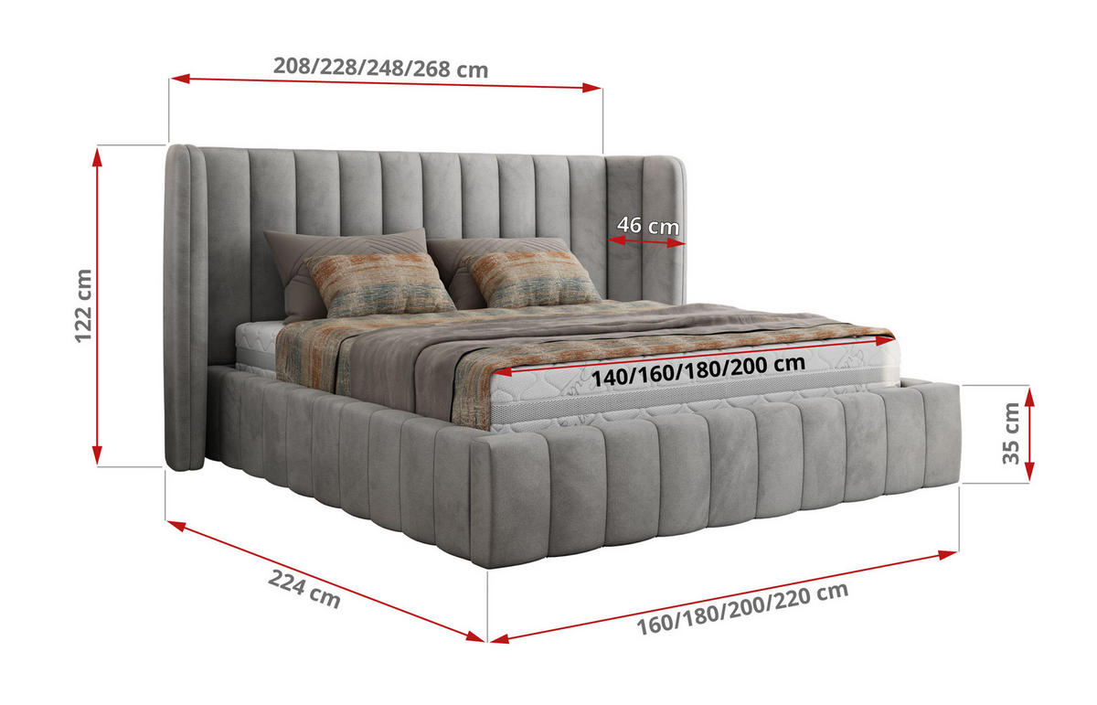 POLSTERBETT GOLETTA CLASSIC 180/200 - Hellgrau Velvet - Schaum-Matratze - Hellgrau, Textil (180/200cm) - MKS