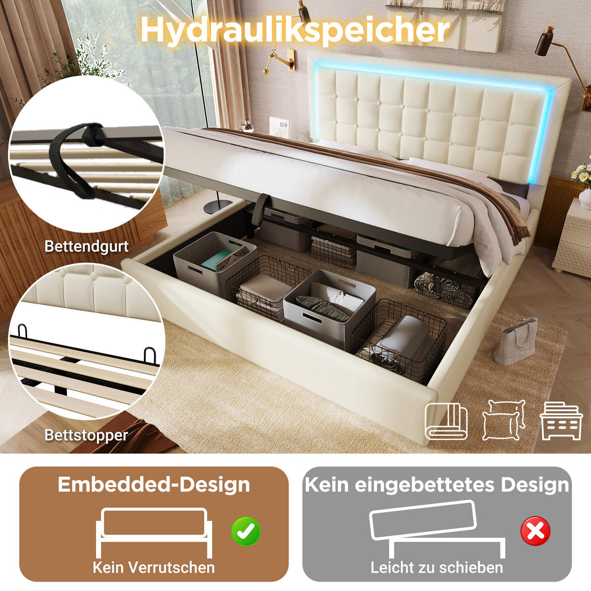 POLSTERBETT 160/200 cm mit LED-Beleuchtung, hydraulischem Stauraum, Kunstlederbezug und Matratze, Weiß - Weiß, Kunststoff (160/200cm) - Redom