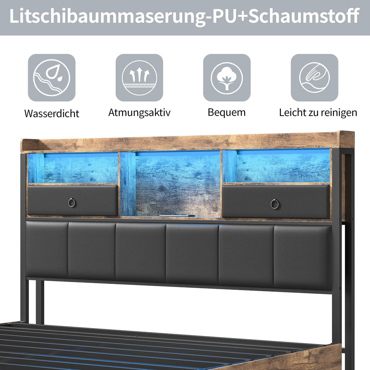 METALLRAHMEN BETT 140x200 cm mit Stoffbezug, Ablagen & Schubladen - Schwarz, Textil (140/200cm) - CASIVA