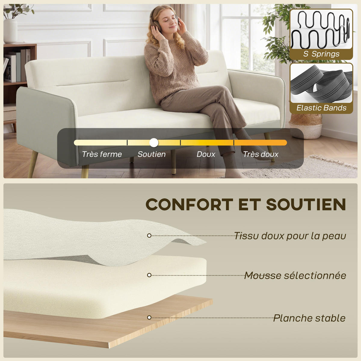 SCHLAFSOFA DE-13497 3-in-1, Klick-Klack-Mechanismus Beige - Beige, Textil (185/83/84cm) - ComfortXL