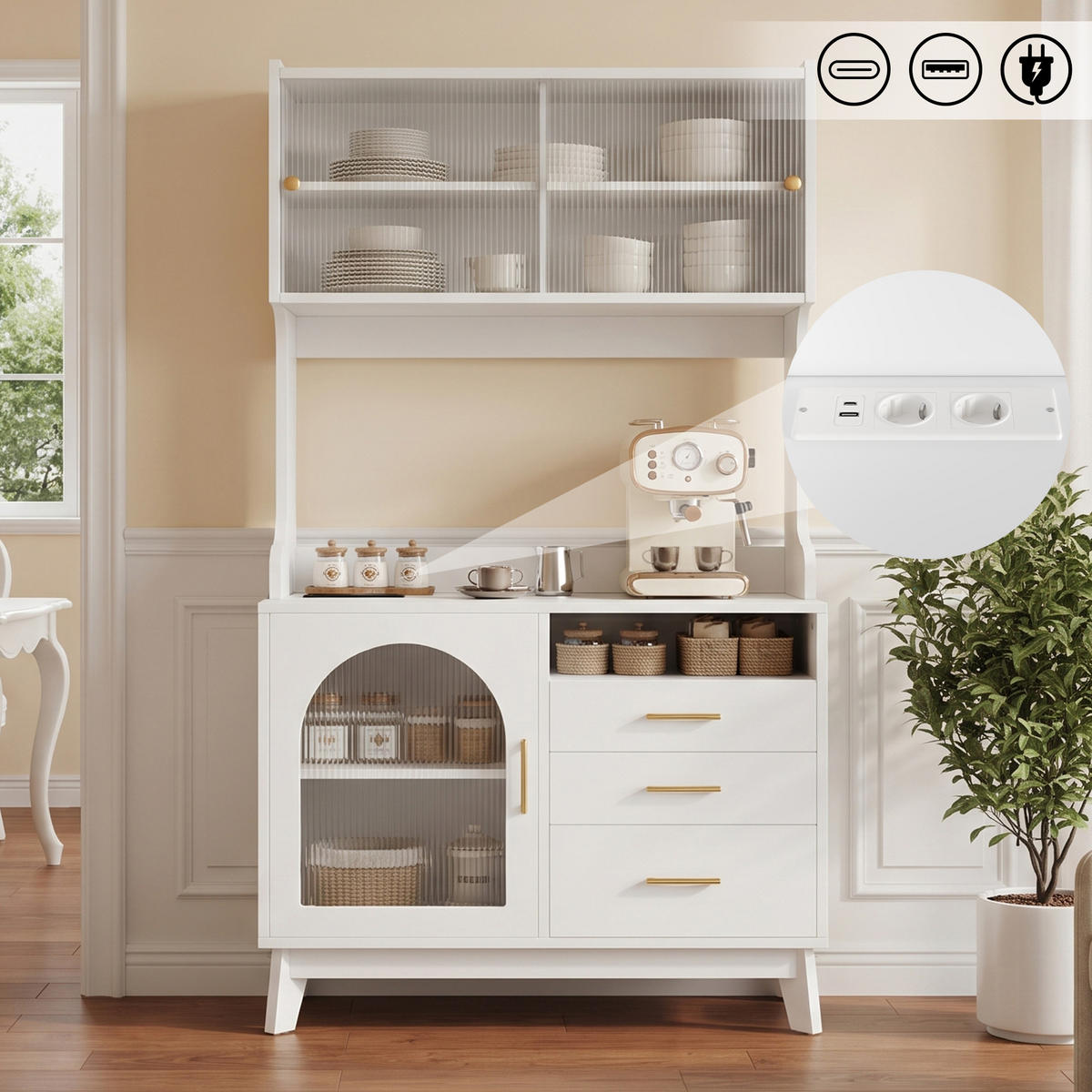 BUFFETSCHRANK 100,5x40x178 cm, 2 Steckdosen, USB-A/USB-C-Anschlüsse, Weiß - Weiß, Holzwerkstoff (100.5/178/40cm) - FOHERE