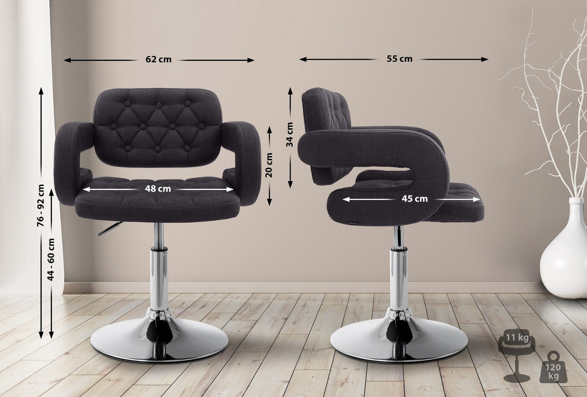 DREHSTUHL Stoff schwarz - Chromfarben/Schwarz, Textil/Metall (62/76/55cm) - CLP