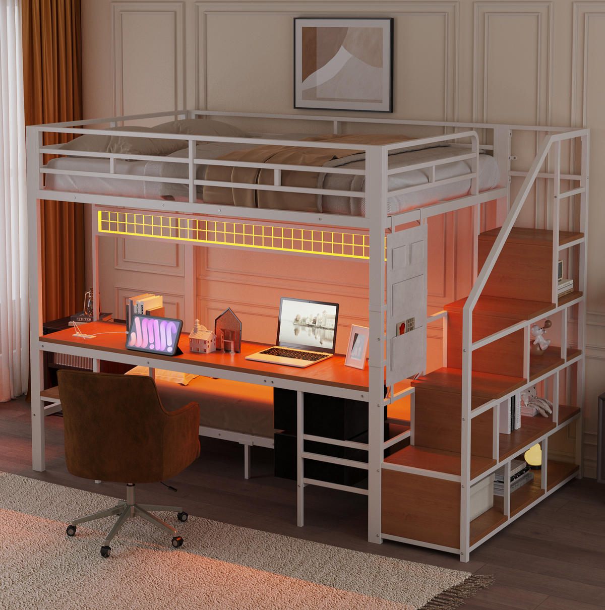 HOCHBETT 140/200 & 90/200 cm Weiß mit Schreibtisch und LED-Beleuchtung - Weiß, Metall (140/200cm) - Flora Grace