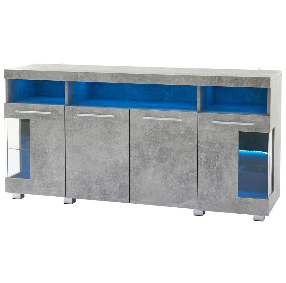 SIDEBOARD 140/40/70 cm in Zementgrau mit LED-Beleuchtung und Glastüren - Grau, Holzwerkstoff (140/70/40cm) - Flora Grace