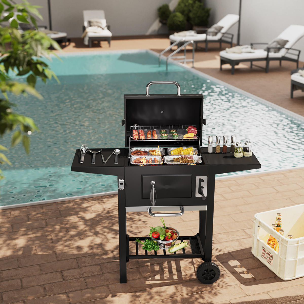 HOLZKOHLEGRILL aus Karbonstahl in Schwarz Tragbarer Outdoor BBQ 2 Seitentischen Temperaturbereich: 100-800°F 109 cm B × 46 cm T × 96,5 cm H - Schwarz, Metall (109/106.5/46cm) - Livingandhome