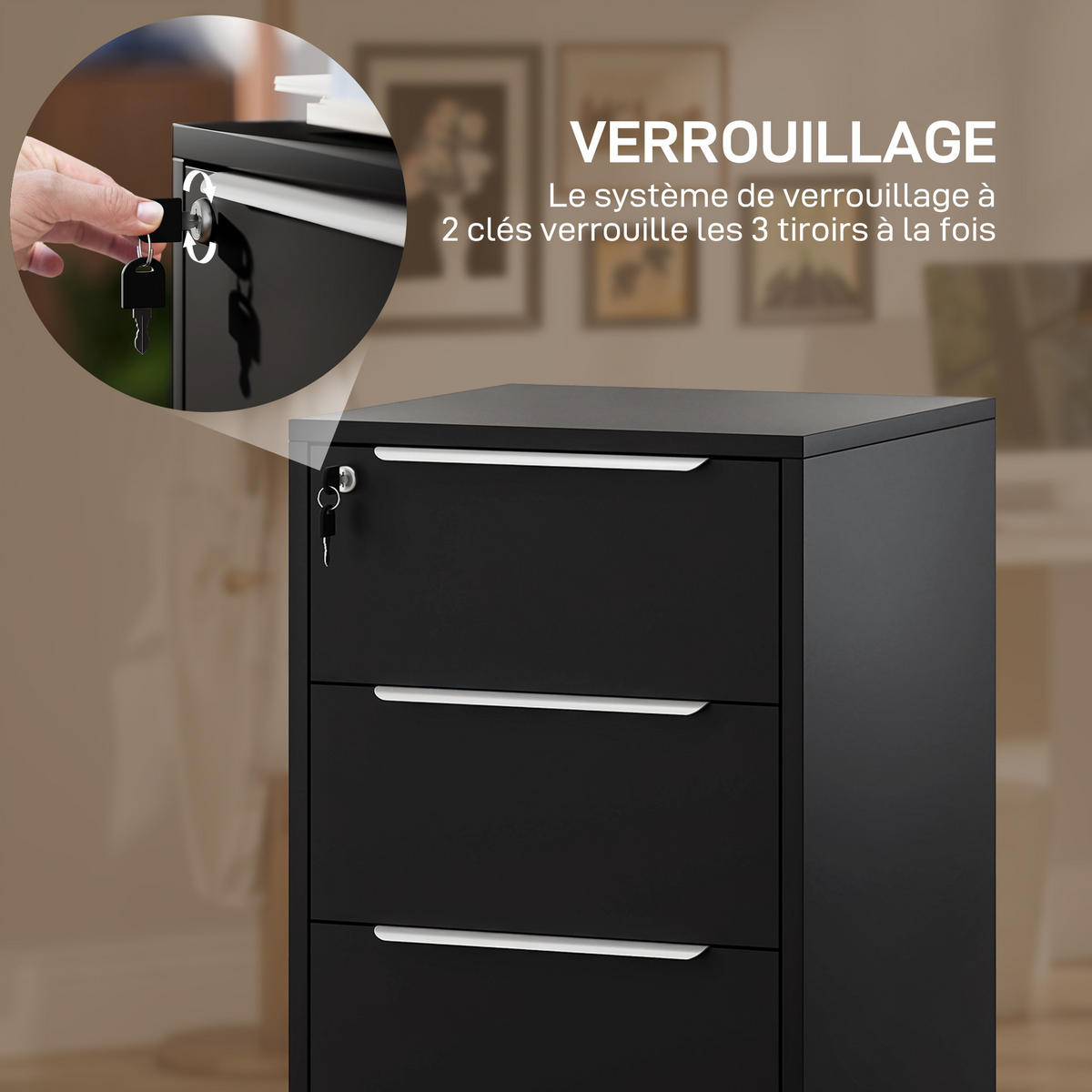 ROLLCONTAINER DE-14472 3 Schubladen abschließbar Schwarz - Schwarz, Holzwerkstoff (40/63.5/40cm) - ComfortXL