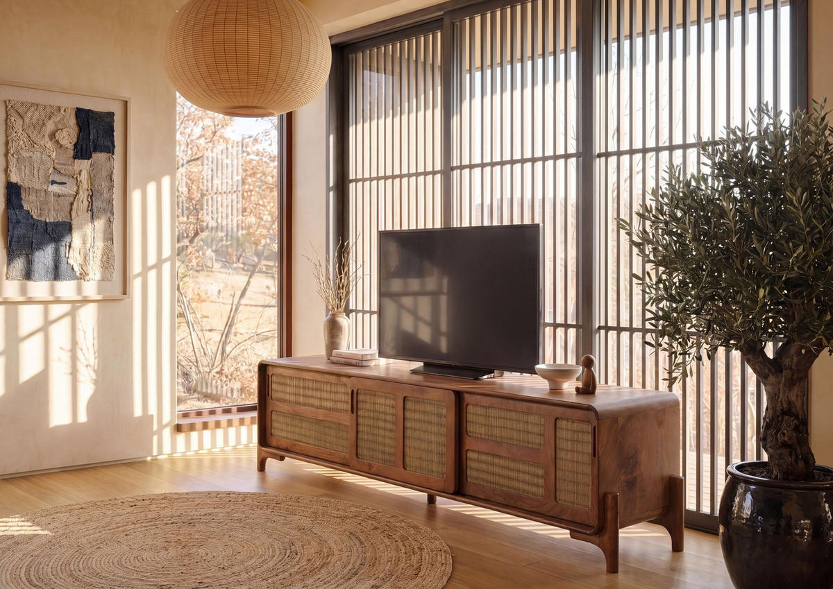 TV-BOARD Mango/Seegras 200x40x50 hellbraun lackiert MIZUMI #108 - Braun, Holz (200/50/40cm) - Massivmoebel24