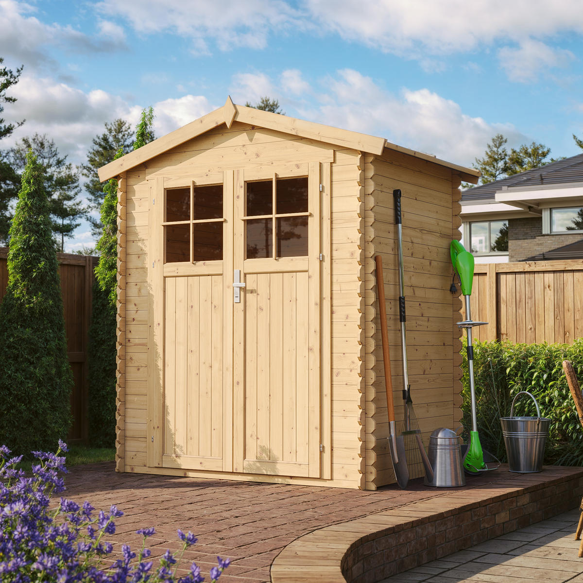 GARTENHAUS aus Holz - mit imprägniertem Boden B196xL136xH218 cm/ 1.98 m2 - M367F+M367G - Beige, Holz (180/224/136cm) - Timbela
