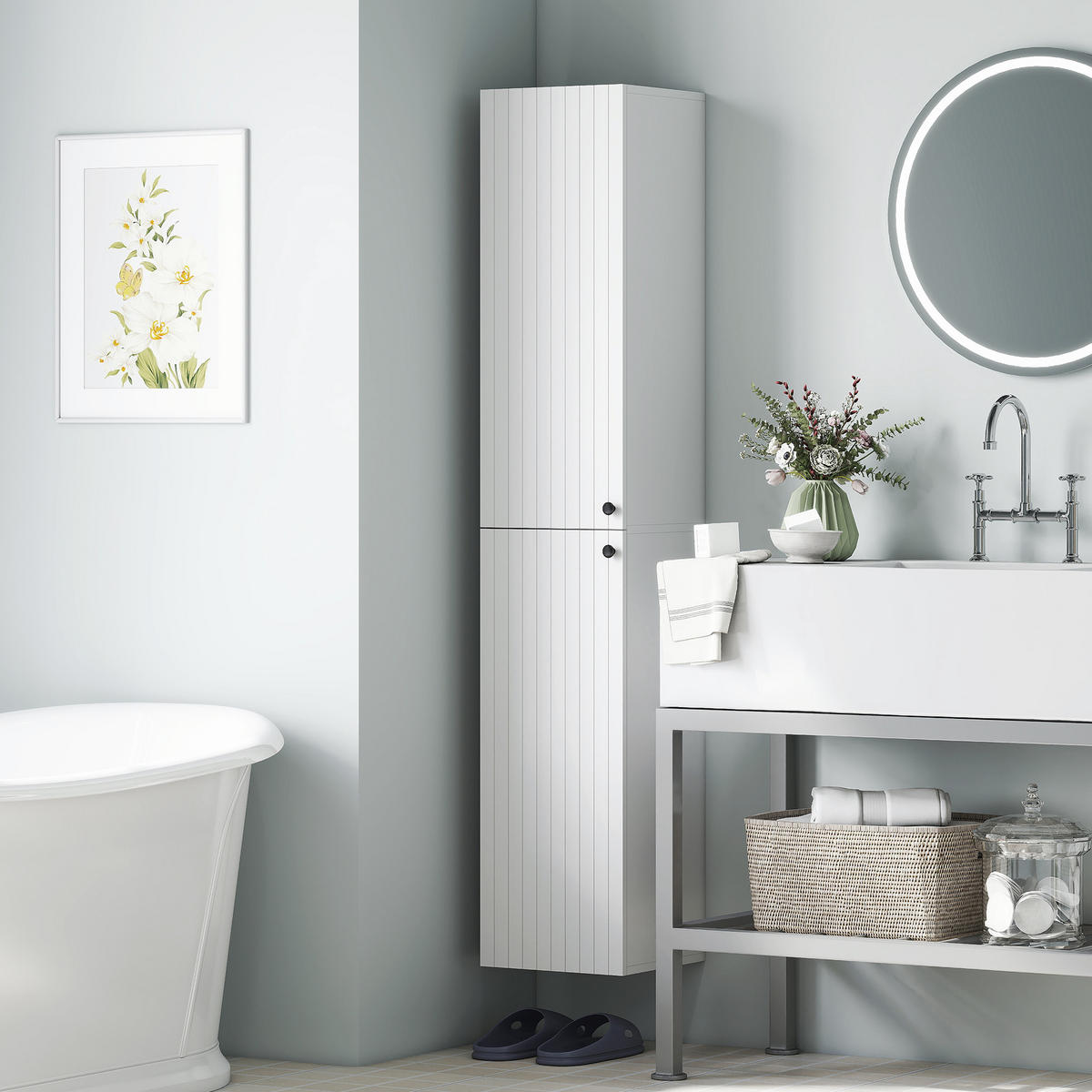 BADEZIMMERSCHRANK Hoch Wandmontage Badschrank mit 2 Tür, Verstellbare Regale - Weiß, Holzwerkstoff (30/161/30cm) - HOMCOM