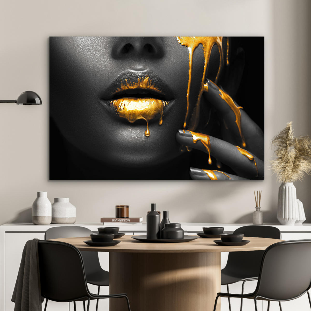 METALLBILD Frau - Schwarz - Gold - Gesicht - Lippen 120x80 cm - Goldfarben, Metall (120/80cm) - MuchoWow