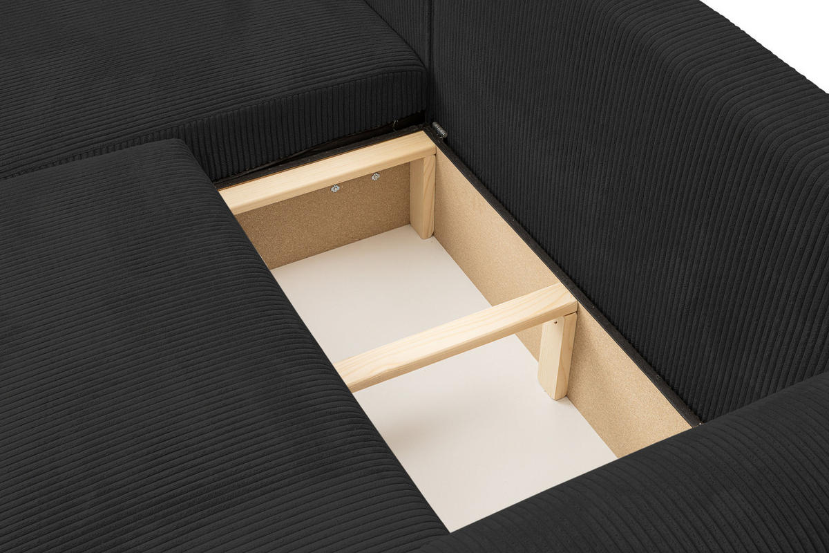 ECKSOFA Roma, Eckcouch in L-Form mit Schlaffunktion und Bettkasten, Farbe: Schwarz, Cordstoff, Ottomane Universal - Schwarz, Textil (244/142cm) - VENASI MÖBEL