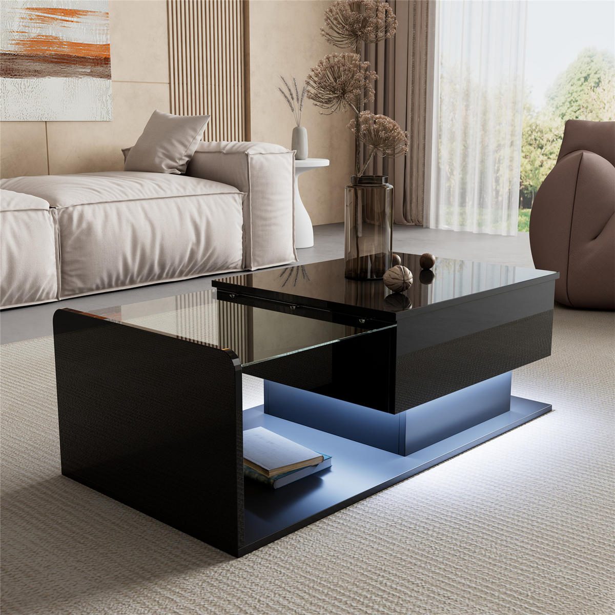 COUCHTISCH Hochglanz Glas LED Schwarz - Schwarz, Holz (100/50/47.5cm) - Kaket
