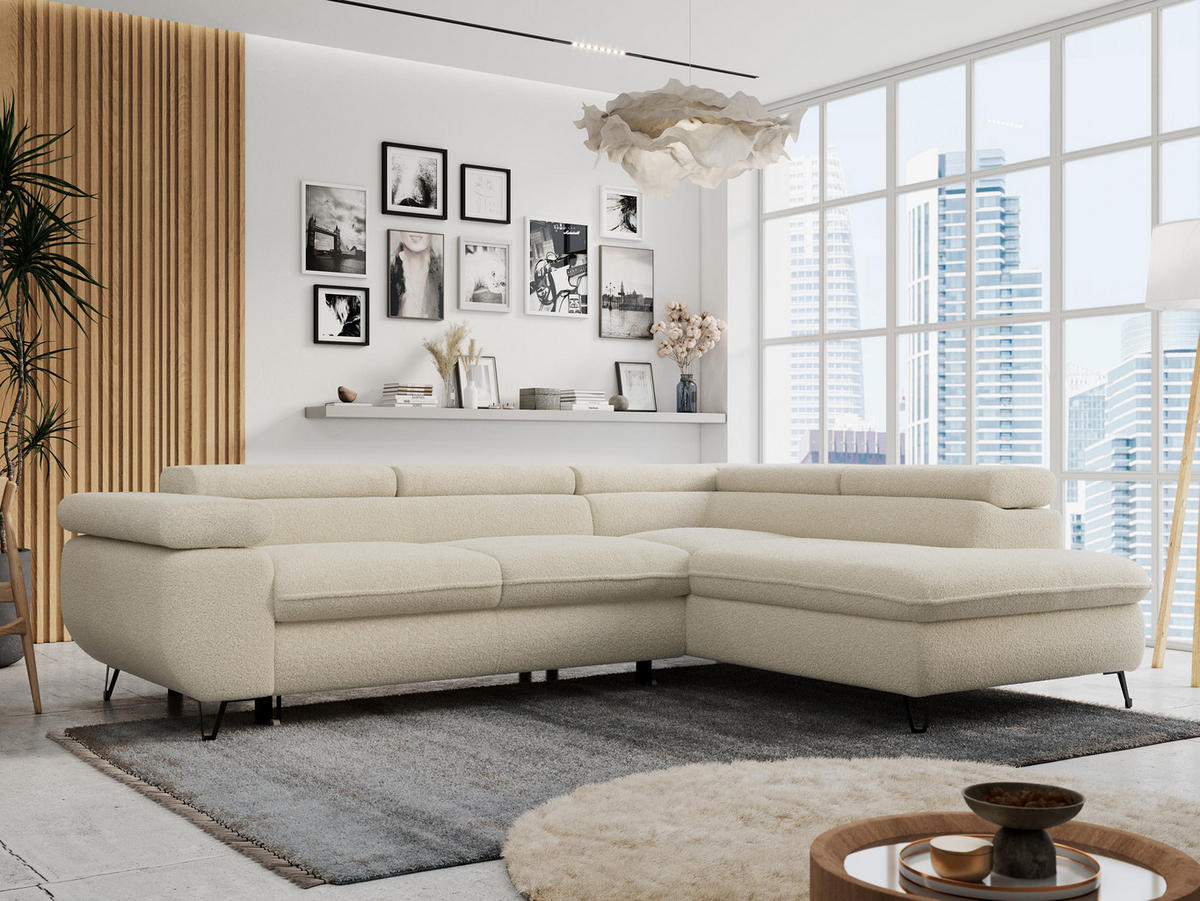 ECKSOFA PETER L Beige Boucle - Rechts Seite - Beige/Schwarz, Textil/Metall (273/208cm) - MKS