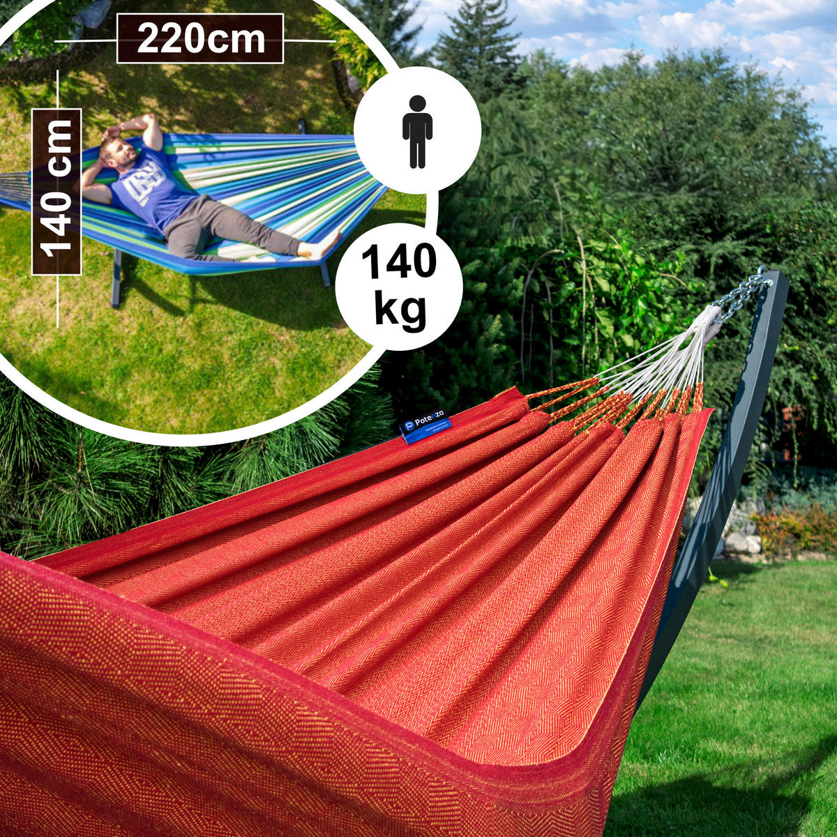 HÄNGEMATTE mit Gestell, 2 Personen, XL, 140 kg, Metall, Medelin Chili, einfache Montage - Rot, Metall (370/130/120cm) - Potenza